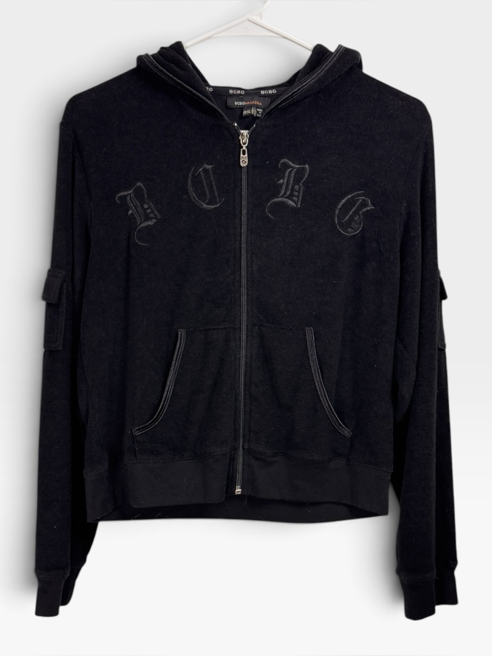 Vintage Y2k BCBG MaxAzria XLP XL Hoodie Jacket Black Velour Embroidered Logo